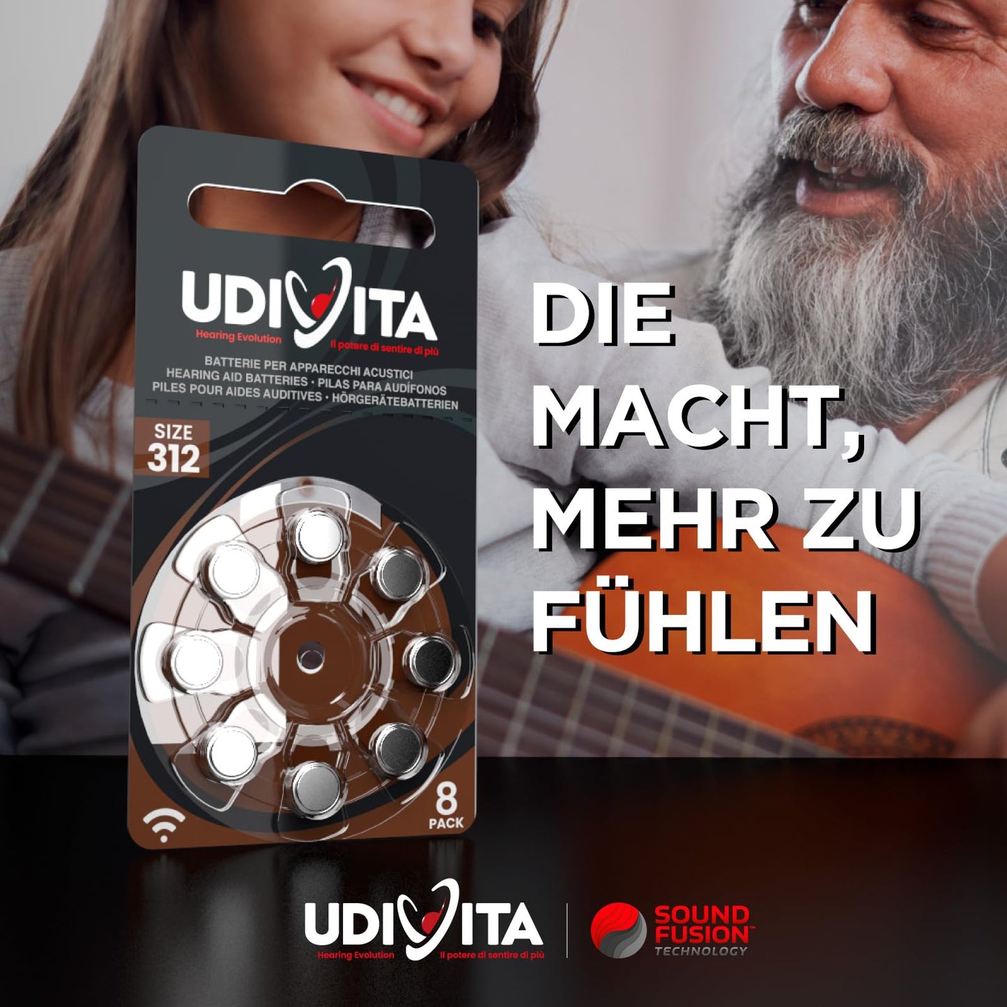 80 Batterien für Hörgeräte Udivita Größe 312 (Braun) PR41 Zink-Luft mit Sound Fusion-Technologie – 10 Blister mit 8 Batterien