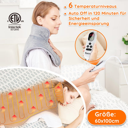 Heating pad for back, shoulder, neck 60x100cm heat pad with automatic switch-off, quick heating, with waist strap, back warmer heating blanket 6 heat settings, auto-off timer, flannel material, washable