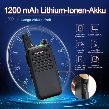 MaxTalker MT1 Walkie Talkie Rechargeable for Adults and Children, VOX Walkie Talkie with 1200mAh Li-ion Battery, USB Charger and Headset Walkie Talkies for Outdoors, Camping, Hiking, Set of 4