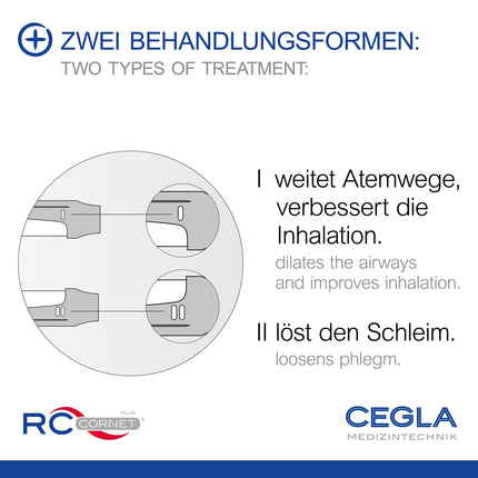 CEGLA RC-Cornet PLUS respiratory therapy device reduces coughing, loosens mucus, relieves shortness of breath – integrated connection for inhalation devices for inhalation, clears lower airways, helps to breathe easier