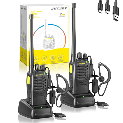 JUCJET (2-pack) 888HD Walkie Talkies, including original earpieces, Type-C data cable, USB charging station, with one-click pairing, speech noise reduction, and digital encryption