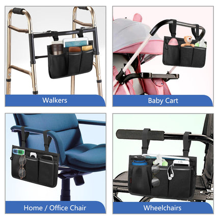 FINPAC Wheelchair Bag for Armrest - Wheelchair Bag with Reflective Stripes Wheelchair Bag with Name Card Pocket for Walkers, Mobility Scooters, Rollators, (Black)