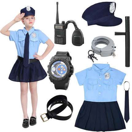 Policeman Costume for Children Policeman for Girls with Accessories Guns Police Handcuffs Walkie Talkie Cap Belt for Halloween Costume Cosplay Carnival Blue 150 cm