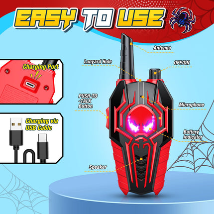 Toyokid Walkie Talkie Children, Toys from 3 4 5 6 7 8 9 10 Years Boy Walkie Talkie Rechargeable Gift Boy 3-10 Years Spider Toy from 3-10 Years Walkie Talkie Outdoor Games Radio