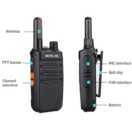 Retevis RB635 Two-Way Radio with Flashlight, PMR446 License-Free Radio, Long Range, Mini Two-Way Radio Set with USB Cable, Walkie-Talkies with VOX for Family Walks, Camping (Black, 2 Pack)