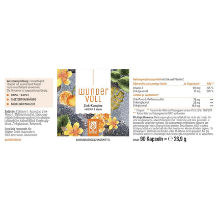 High-dose zinc 25mg - Triple Vitamin C Zinc Capsules - 90-day supply - vegan - produced in Germany & laboratory-tested - NATURTREU® Wundervoll