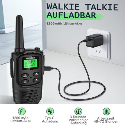 MaxTalker MT10 Walkie Talkie Rechargeable for Adults and Children, 1200mAh Li-Ion Battery, USB-C Cable, LED Flashlight, VOX Radios for Hiking and Camping, Set of 4