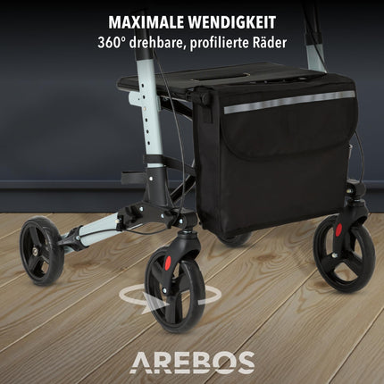 Arebos Lightweight Rollator Aluminum | Travel Rollator with 6-Way Height Adjustment | Foldable | Includes Cane Holder and Removable Shopping Bag | Walking Aid with Locking Function | Black