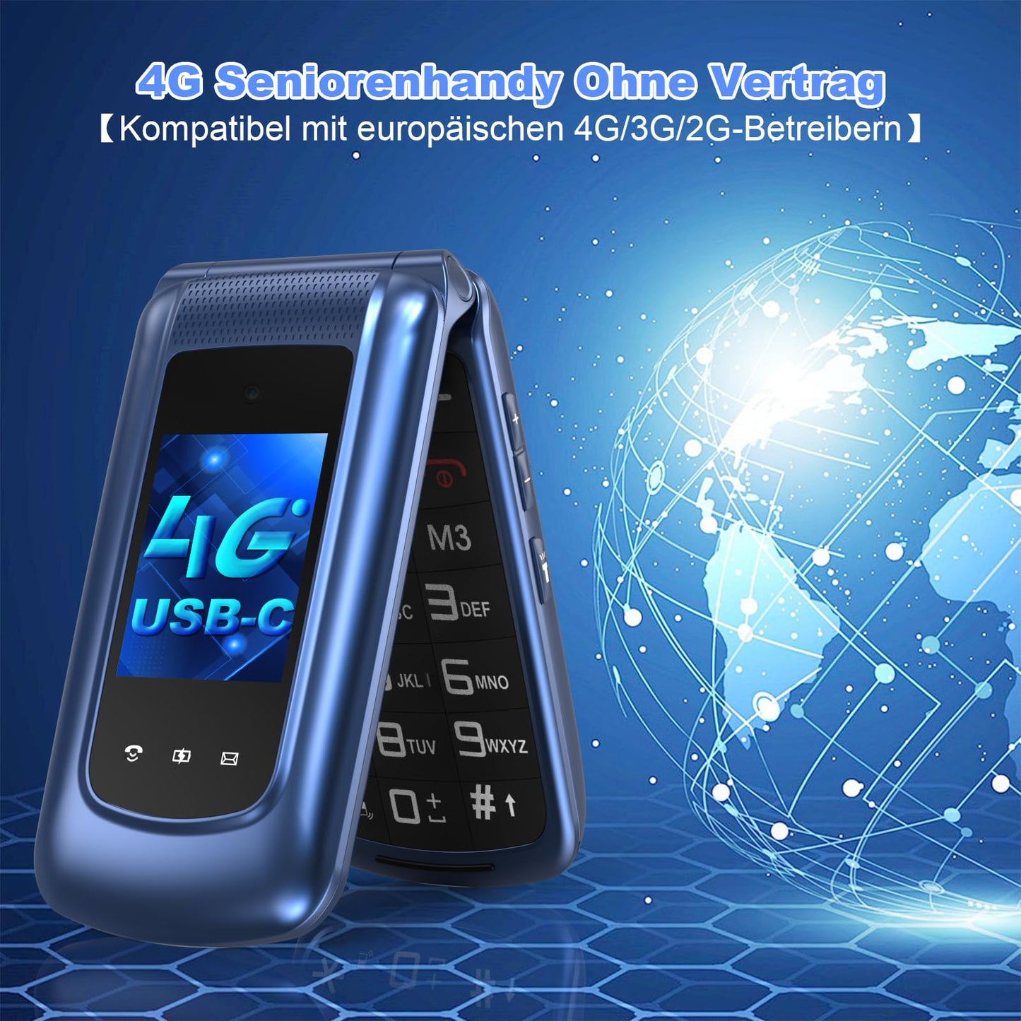 4G Klapphandy Seniorenhandy mit Großen Tasten Handy, Dual-SIM Flip Mobiltelefon mit Ladestation | SOS Notruffunktion | Kurzwahl | Taschenlampe | FM-Radio | 2,4+1.77 Zoll Dual Farbdisplay | Blau
