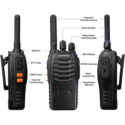 Baofeng Walkie Talkies PMR446 Two-Way Radio Professional Long Range 16 Channels VOX Rechargeable Walkie Talkie BF-88X, Including Earpiece, Battery and Charger (2 Pack)
