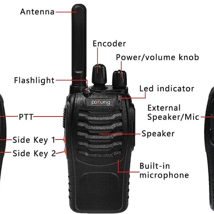 Pofung PT88E Walkie Talkie PMR446 License-Free Two-Way Radio, 16-Channel Long Range Walkie Talkies with Charging Cradle and Earpieces (Black, 3-Pack)