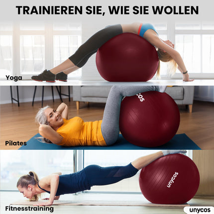 unycos - Exercise Ball 75 cm Seat Ball Training Ball for Yoga, Fitness, Medicine Ball, Balance Ball, Core Training Strength, Pilates Ball | Includes Pump, BPA-Free, Anti-Burst (Dark Pink with Logo)