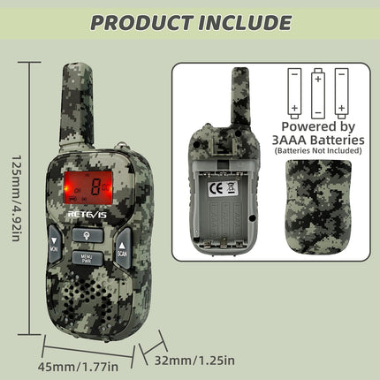 Retevis RT33 Walkie Talkie Kids, Toy Gifts for 6-12 Year Old Children, 8 Channels VOX LED Flashlight, Army Game, Outdoor, Adventure (Camouflage, 2 Pack)