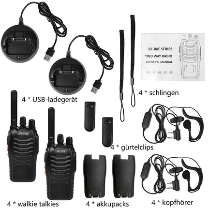 Walkie Talkie PMR446 license-free two-way radio, pofung PT88E 16 channels Professional rechargeable with long range USB charging station and earpieces Black 4 pieces