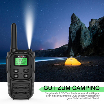 MaxTalker MT10 Walkie Talkie Rechargeable for Adults and Children, 1200mAh Li-Ion Battery, USB-C Cable, LED Flashlight, VOX Radios for Hiking and Camping, Set of 4
