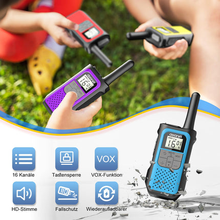 AWANFI Walkie Talkie Set of 4, Walkie Talkie Rechargeable for Adults and Children, 16 Channels Radio Set with 1200mAh Li-ion Battery VOX, Walkie Talkie for Camping Hiking Gift