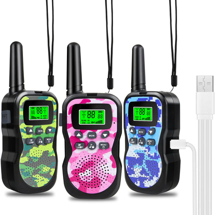 Walkie Talkie Kids Rechargeable, Walkie Talkies for 3-12 Year Old Children with 8 Channels, LED Flashlight, VOX Function for Camping, Hiking, Adventure, Set of 3