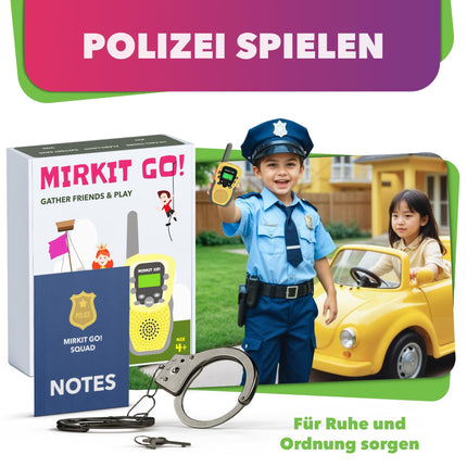 Mirkit Go 2 x Kids Walkie Talkies & 4 Games: Scavenger Hunt, Capture the Flag, Police, Hide and Seek! Outdoor Games for Kids + Free Handcuffs