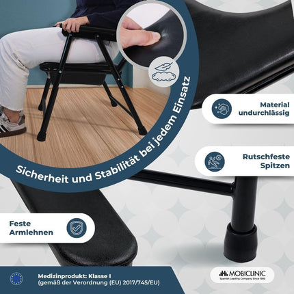 Mobiclinic, Commode Chair, Guadalquivir, European Brand, Toilet Seat for the Elderly and Disabled, Toilet Seat, Non-Slip, Foldable, Chrome-Plated Steel, Lightweight, Black