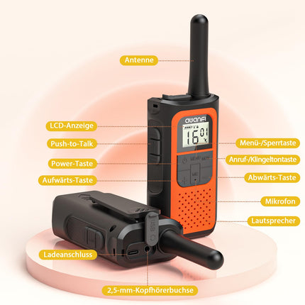AWANFI Walkie Talkie Rechargeable with 1200mAh Li-ion Battery, Walkie Talkie Adults Children, 16 Channels Radio Set, Walky Talky with VOX Tpye-C Charging Cable, Walkie Talkie for Gift Hiking Camping