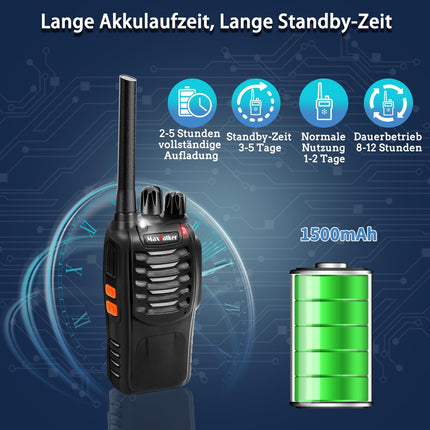 MaxTalker MT-8S Walkie Talkie Rechargeable for Adults and Children, License-Free PMR446 Radios, 16-Channel Radio Reception, with Headset and 1500mAh Lithium-Ion Battery with Type-C Connector, Set of 4