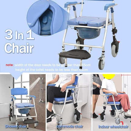Foldable toilet chair for seniors, shower chair with wheels and toilet, for sick, elderly, disabled and pregnant women, load capacity up to 150 kg