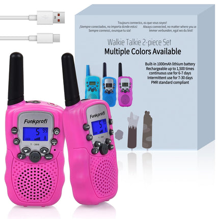 Radio professional walkie talkie set for kids, T-388 radio for children with built-in 1000 mAh rechargeable battery, hobby radio 8-channel PMR 446, range up to 2-3 km (set of 2) pink, pink