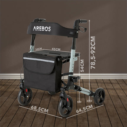 Arebos Lightweight Rollator Aluminum | Travel Rollator with 6-Way Height Adjustment | Foldable | Includes Cane Holder and Removable Shopping Bag | Walking Aid with Locking Function | Black