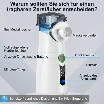 NVKHG Nebulizer, Portable Silent Inhaler, with Digital Display, Automatic Residue Cleaning, USB-C Rechargeable for Adults and Children – Gray
