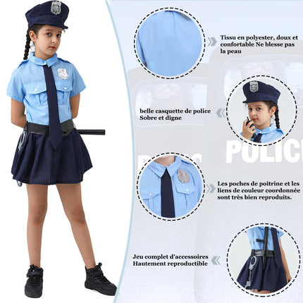 Policeman Costume for Children Policeman for Girls with Accessories Guns Police Handcuffs Walkie Talkie Cap Belt for Halloween Costume Cosplay Carnival Blue 150 cm