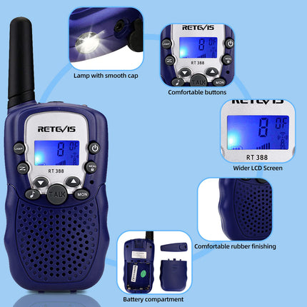 Retevis RT388 Walkie Talkie for Kids, Two-Way Radios with Long-Range Flashlight, Toys for Ages 4-12, Gifts for Boys and Girls for Family Play, Cycling, and Excursions (1 Pair, Dark Blue)