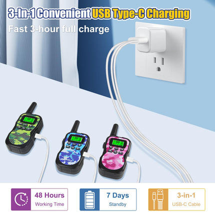 Walkie Talkie Kids Rechargeable, Walkie Talkies for 3-12 Year Old Children with 8 Channels, LED Flashlight, VOX Function for Camping, Hiking, Adventure, Set of 3