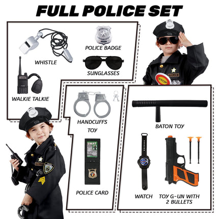 Police costume for children, carnival costumes for children, police uniform set, belt, hat, handcuffs, walkie-talkie for carnival, Halloween costume