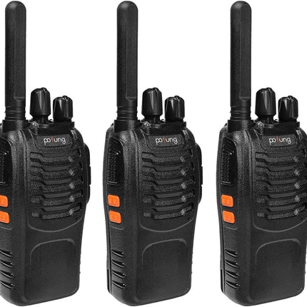 Pofung PT88E Walkie Talkie PMR446 License-Free Two-Way Radio, 16-Channel Long Range Walkie Talkies with Charging Cradle and Earpieces (Black, 3-Pack)