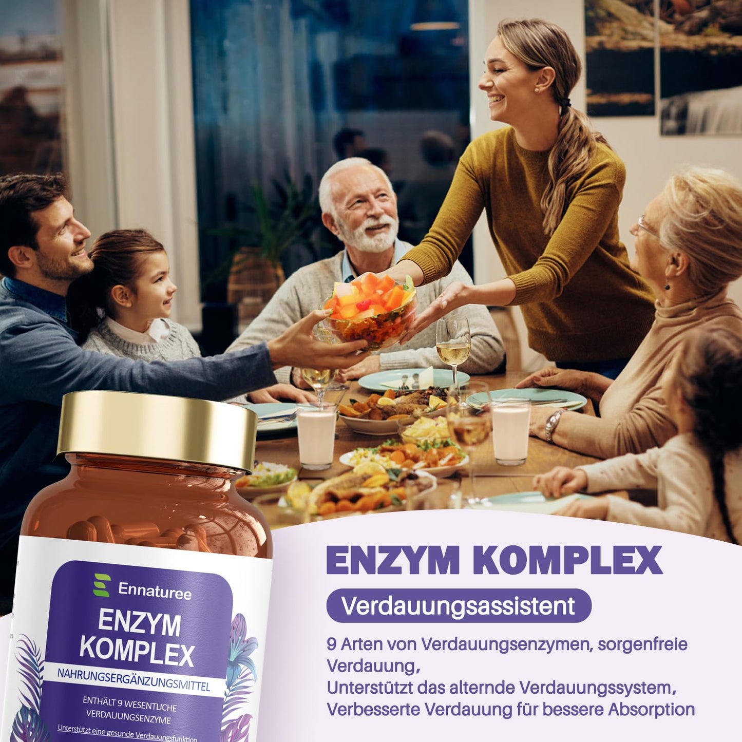 9 Verdauungsenzyme mit Bromelain, Papain, Amylase, Protease, Laktase, Lipase, Celulase, Glucoamylase, Maltase – Enzym Komplex mit Inulin für Verdauung und Immunsystem, 120 Vegane Kapseln