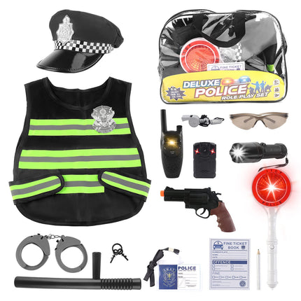 deAO Police Costume Kids Toy with Police Equipment Police Hat Vest Sunglasses Walkie Talkie Police Toy Role Play Set for Halloween