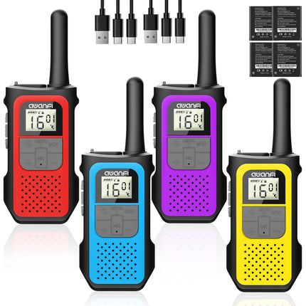 AWANFI Walkie Talkie Set of 4, Walkie Talkie Rechargeable for Adults and Children, 16 Channels Radio Set with 1200mAh Li-ion Battery VOX, Walkie Talkie for Camping Hiking Gift