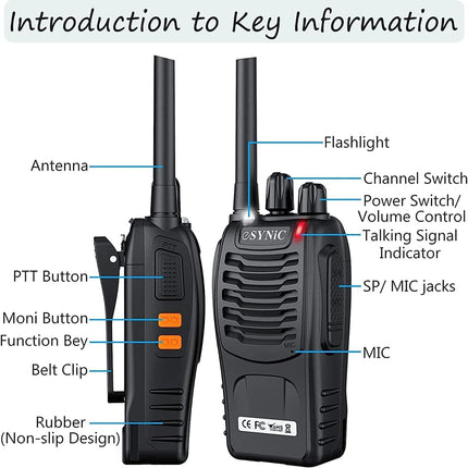 eSynic Professional Walkie Talkies for Adults, Rechargeable, 16 Channels, VOX, with Headphones and LED Lights, Perfect for Kids Ages 5 and Up, Outdoor Activities