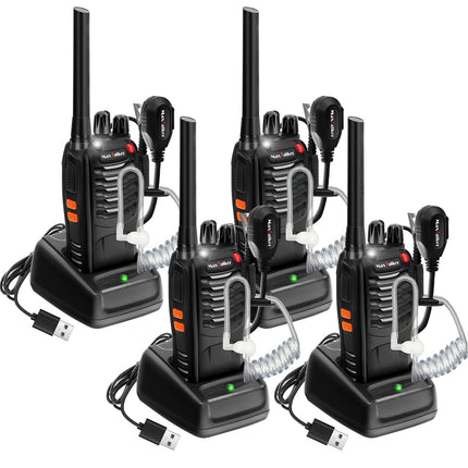 MaxTalker MT-8S Walkie Talkie Rechargeable for Adults and Children, License-Free PMR446 Radios, 16-Channel Radio Reception, with Headset and 1500mAh Lithium-Ion Battery with Type-C Connector, Set of 4
