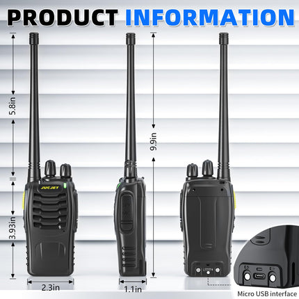 JUCJET (2-pack) 888HD Walkie Talkies, including original earpieces, Type-C data cable, USB charging station, with one-click pairing, speech noise reduction, and digital encryption
