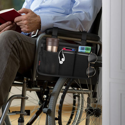 FINPAC Wheelchair Bag for Armrest - Wheelchair Bag with Reflective Stripes Wheelchair Bag with Name Card Pocket for Walkers, Mobility Scooters, Rollators, (Black)
