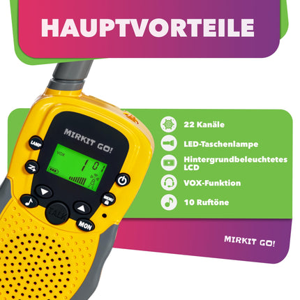 Mirkit Go 2 x Kids Walkie Talkies & 4 Games: Scavenger Hunt, Capture the Flag, Police, Hide and Seek! Outdoor Games for Kids + Free Handcuffs