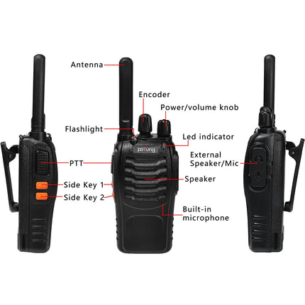 Walkie Talkie PMR446 license-free two-way radio, pofung PT88E 16 channels Professional rechargeable with long range USB charging station and earpieces Black 4 pieces