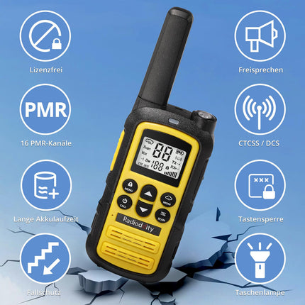 Radioddity PR-T6 Walkie Talkie PMR446 License-Free Two-Way Radio for Adults and Kids, Rechargeable Walkie Talkie with VOX, USB-C Charging, Flashlight, Earpiece for Camping Hiking, 2-Pack, Yellow