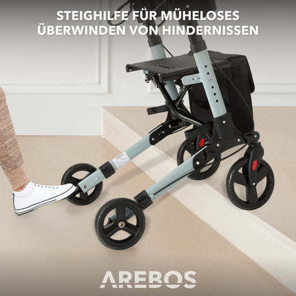 Arebos Lightweight Rollator Aluminum | Travel Rollator with 6-Way Height Adjustment | Foldable | Includes Cane Holder and Removable Shopping Bag | Walking Aid with Locking Function | Black