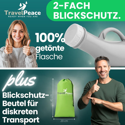 TRAVELPEACE® - Urinal Bottle - 3-in-1 Complete Set - with Comfort Hygiene Brush - incl. Privacy Bag - Urinal for Women and Men