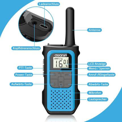 AWANFI Walkie Talkie Set of 4, Walkie Talkie Rechargeable for Adults and Children, 16 Channels Radio Set with 1200mAh Li-ion Battery VOX, Walkie Talkie for Camping Hiking Gift