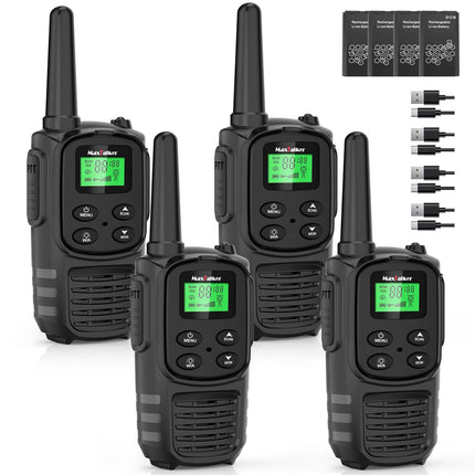 MaxTalker MT10 Walkie Talkie Rechargeable for Adults and Children, 1200mAh Li-Ion Battery, USB-C Cable, LED Flashlight, VOX Radios for Hiking and Camping, Set of 4