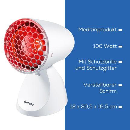 Beurer IL 11 infrared lamp with protective grille, medical device with soothing warmth for use in cases of colds and muscle tension, 5 inclination levels, including protective goggles, white