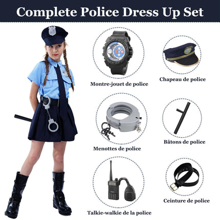 Policeman Costume for Children Policeman for Girls with Accessories Guns Police Handcuffs Walkie Talkie Cap Belt for Halloween Costume Cosplay Carnival Blue 150 cm